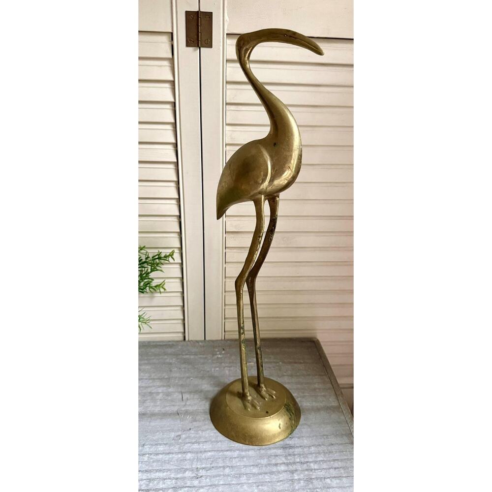 Vintage Solid Brass Heron Statue | Mid Century Modern Crane Sculpture - Picture 2 of 8